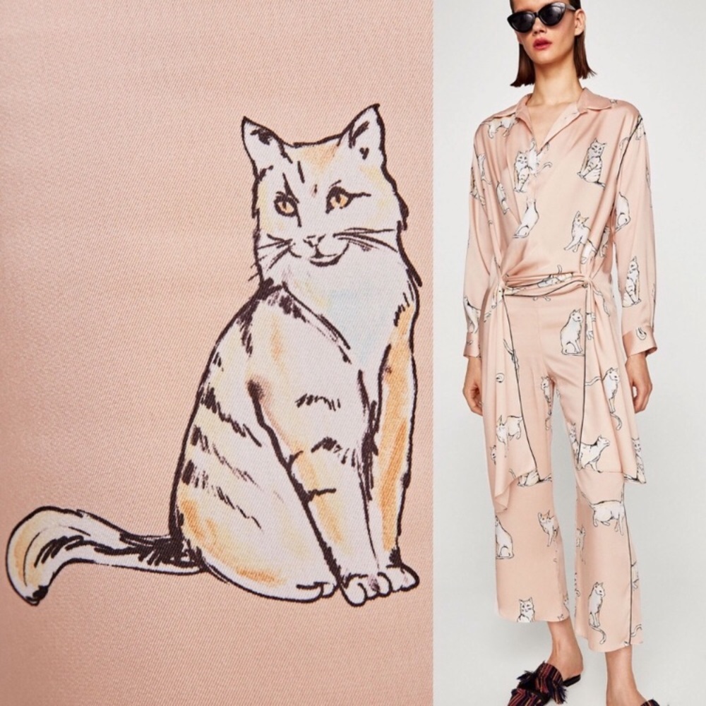 Zara Pastel Cat Print Pajama Set Pants + Top